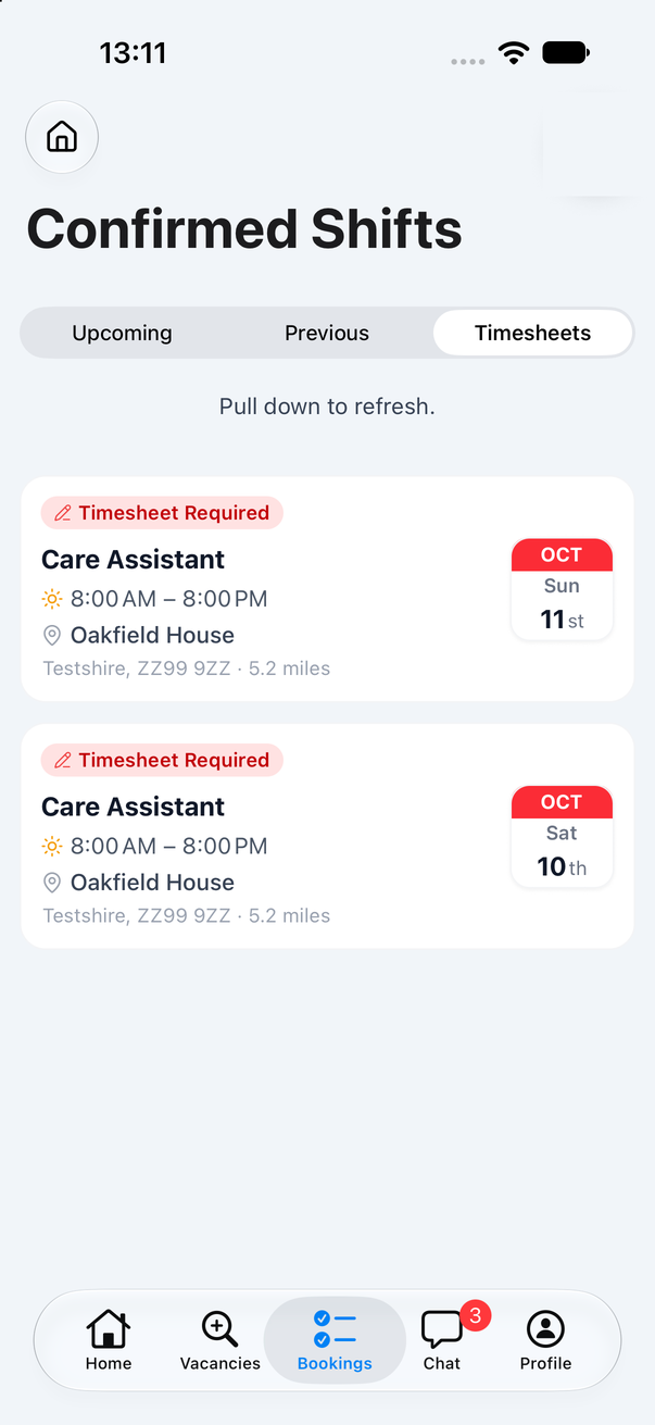 The Timesheets list with a shift marked Timesheet Required