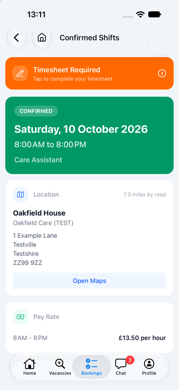 A booking with the orange Timesheet Required bar