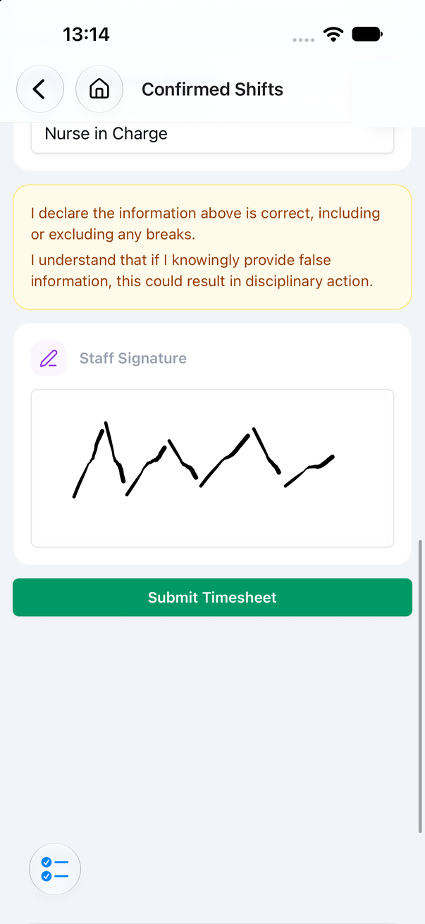 The declaration, staff signature and Submit Timesheet button